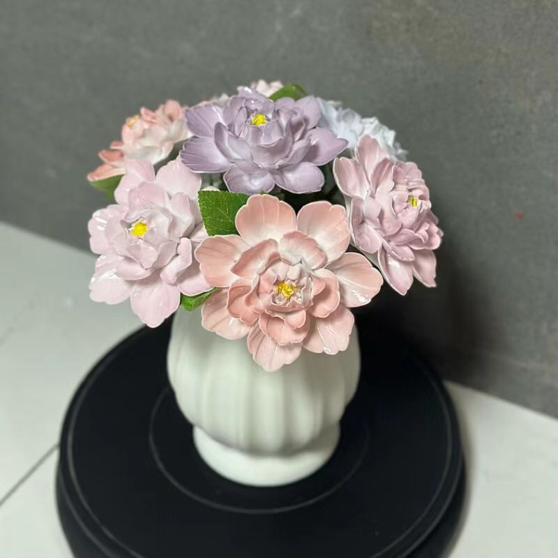 Jingdezhen Ceramic Pearl-Glaze Peony Bouquet — Blue & White Hexagon & Ribbed Vase Collection