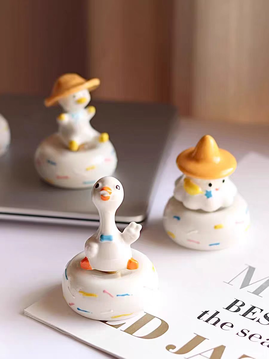 Kawaii Ceramic Duck & Chick Figurine on Rotating Sprinkle Donut Base — Long-Neck Duck, Straw Hat Duck & Cloud Hat Chick, 3 Characters