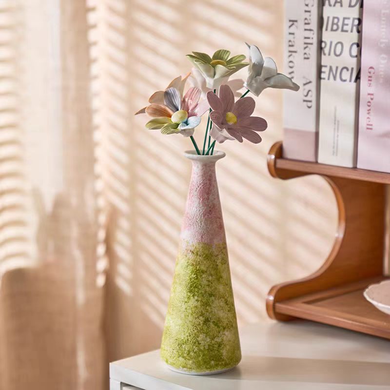 Jingdezhen Ceramic Pastel Cosmos Bouquet — Moss Green Gradient Textured Cone Vase