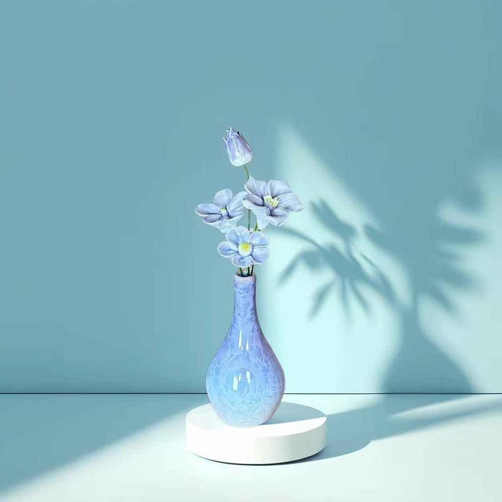 Jingdezhen Ceramic Cool-Tone Flower Bouquet — Crackle Glaze Teardrop Bud Vase Decor