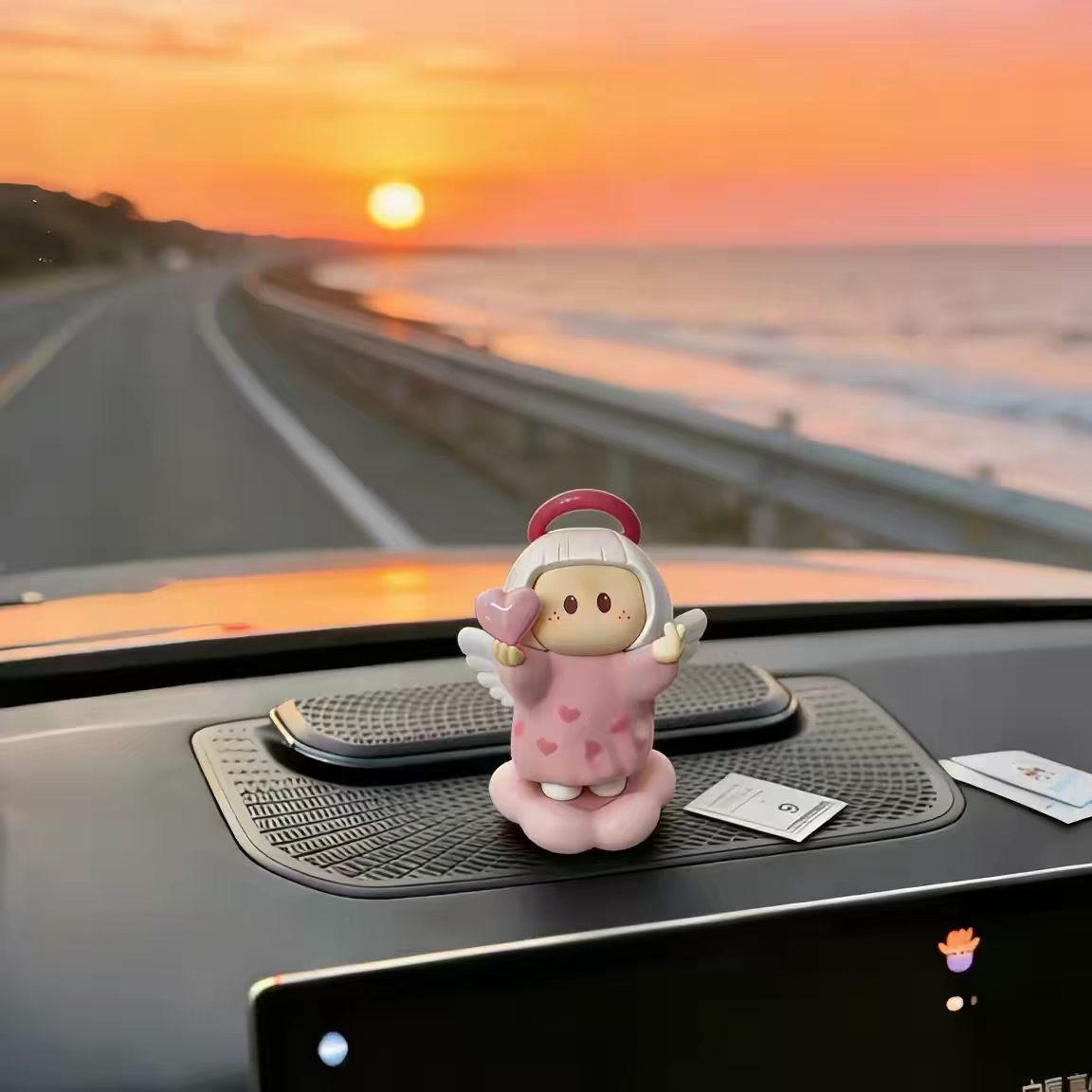 Kawaii Angel Girl Figurine on Pink Bubble Cloud Base — Heart Dress, Car Dashboard & Desk Decor