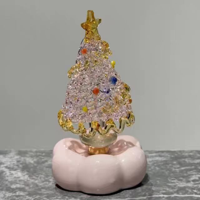 Crystal Glass Christmas Tree Figurine on Ceramic Base — 4 Colours, Car Dashboard & Desk Decor, 6.5cm