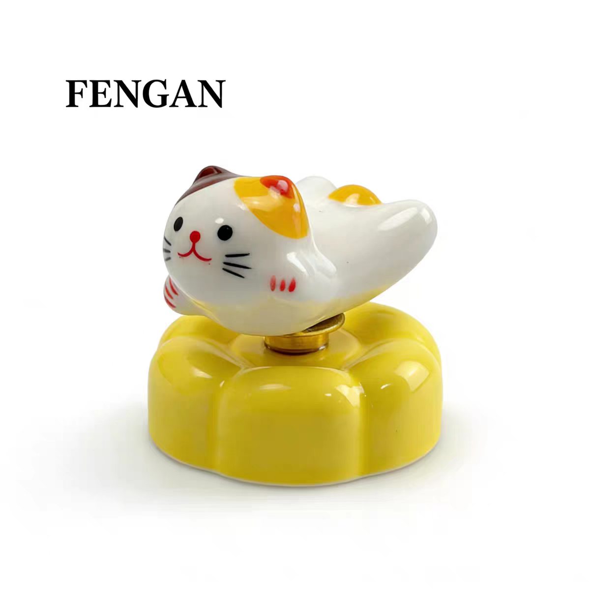 Jingdezhen Hand-Painted Ceramic Cat Figurine on Rotating Flower Base — Calico & Blue Tabby, 2 Styles