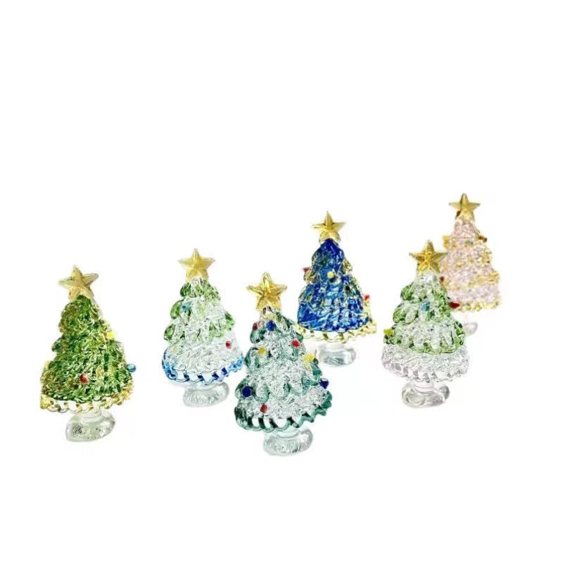 Crystal Glass Christmas Tree Figurine — Solid Cast, 6 Colours, Gold Star Topper, Desk & Shelf Decor