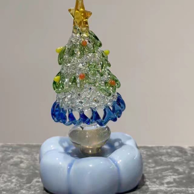Crystal Glass Christmas Tree Figurine on Ceramic Base — 4 Colours, Car Dashboard & Desk Decor, 6.5cm