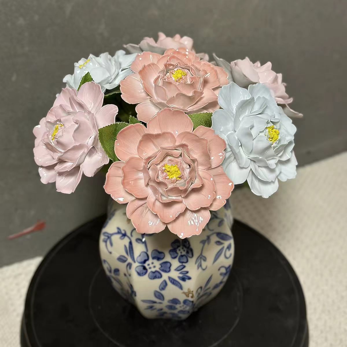 Jingdezhen Ceramic Pearl-Glaze Peony Bouquet — Blue & White Hexagon & Ribbed Vase Collection