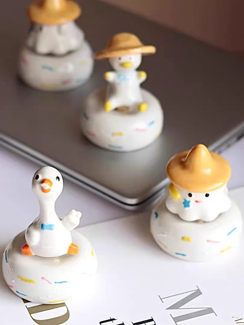 Kawaii Ceramic Duck & Chick Figurine on Rotating Sprinkle Donut Base — Long-Neck Duck, Straw Hat Duck & Cloud Hat Chick, 3 Characters