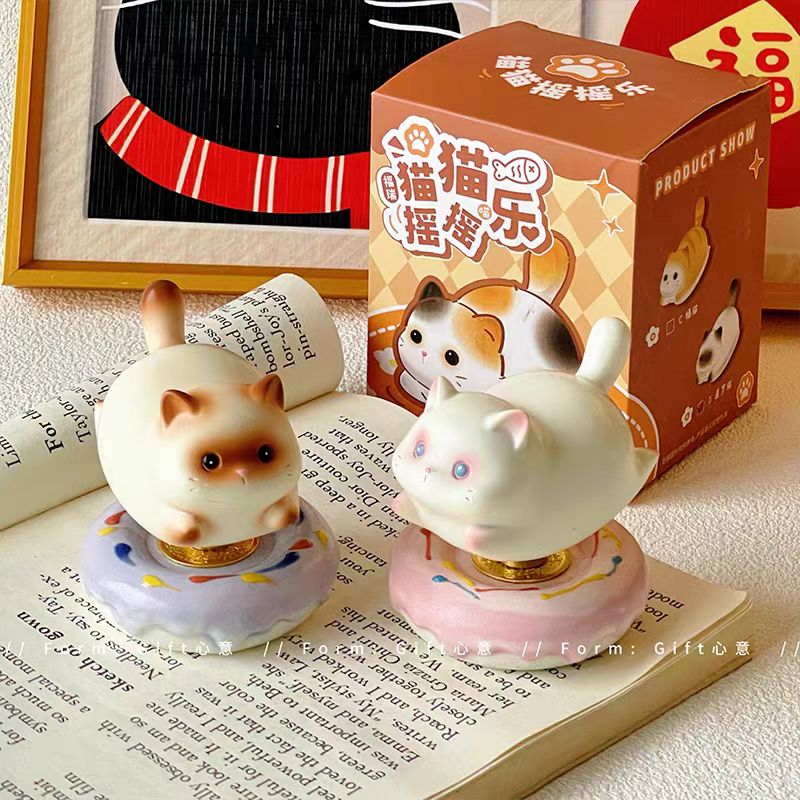 Kawaii Chubby Cat Wobble Figurine on Rotating Sprinkle Donut Base — White Cat & Tabby Cat, 2 Styles