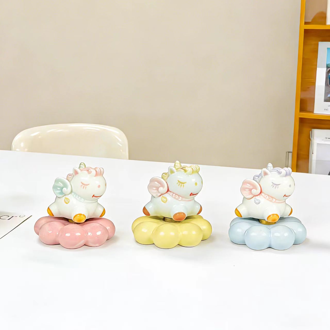 Kawaii Ceramic Unicorn Figurine on Rotating Cloud Base — Pearl Glaze, 3 Colour Options