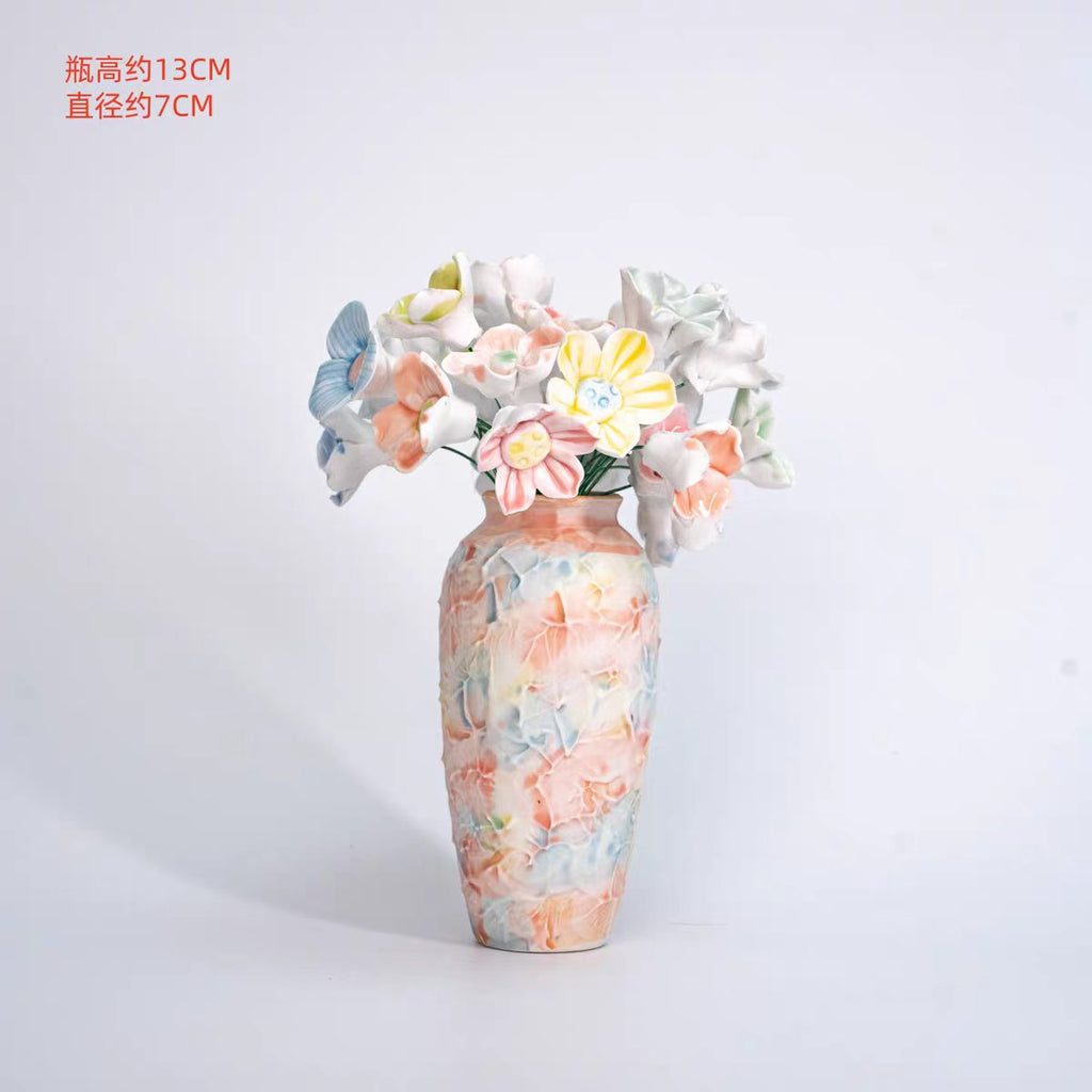 Jingdezhen Ceramic Petal-Relief Watercolour Vase with Mixed Flower Bouquet — 3 Sizes