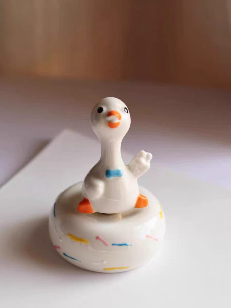 Kawaii Chubby Duck Figurine on Rotating Sprinkle Donut Base — Straw Hat & Classic Duck, 2 Styles