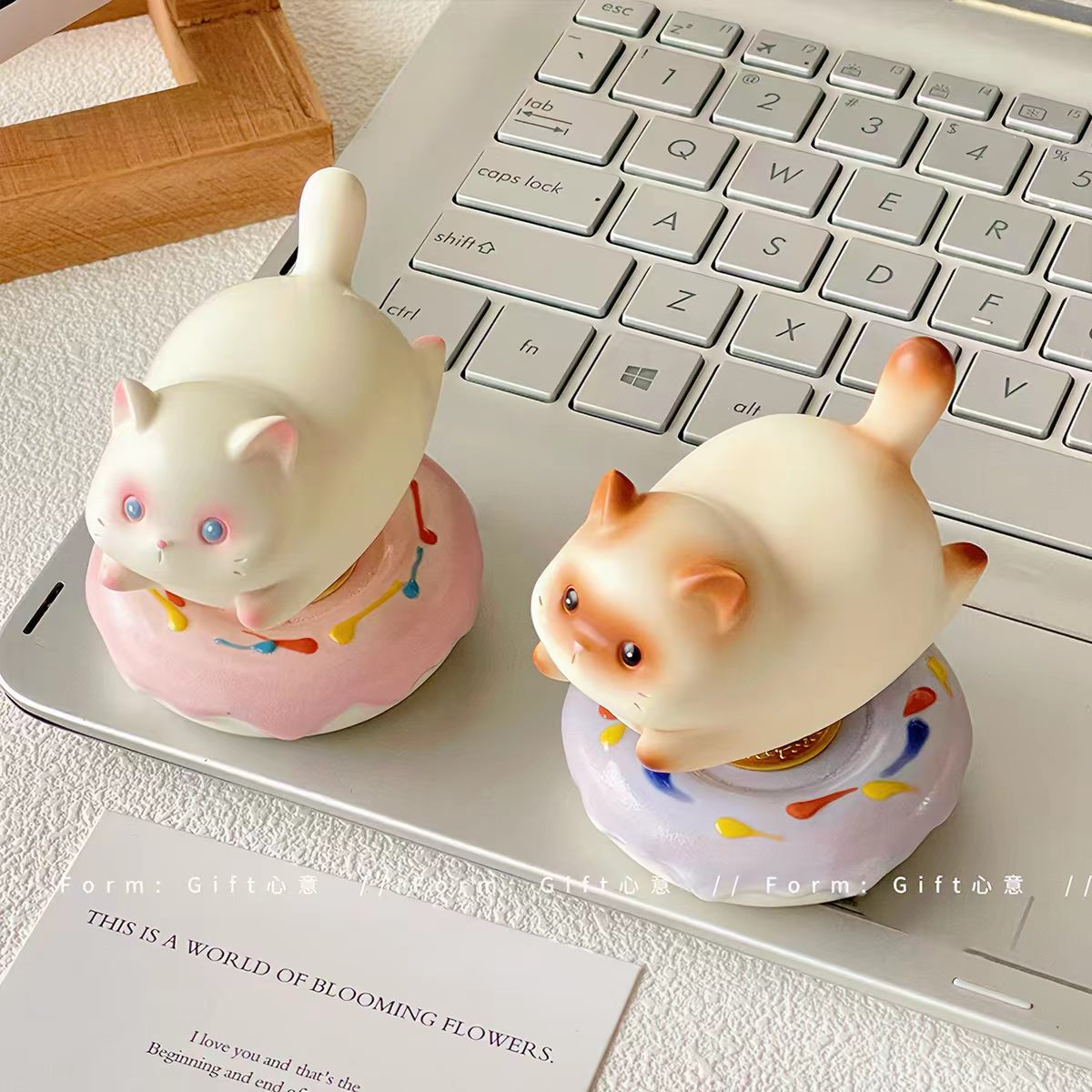 Kawaii Chubby Cat Wobble Figurine on Rotating Sprinkle Donut Base — White Cat & Tabby Cat, 2 Styles