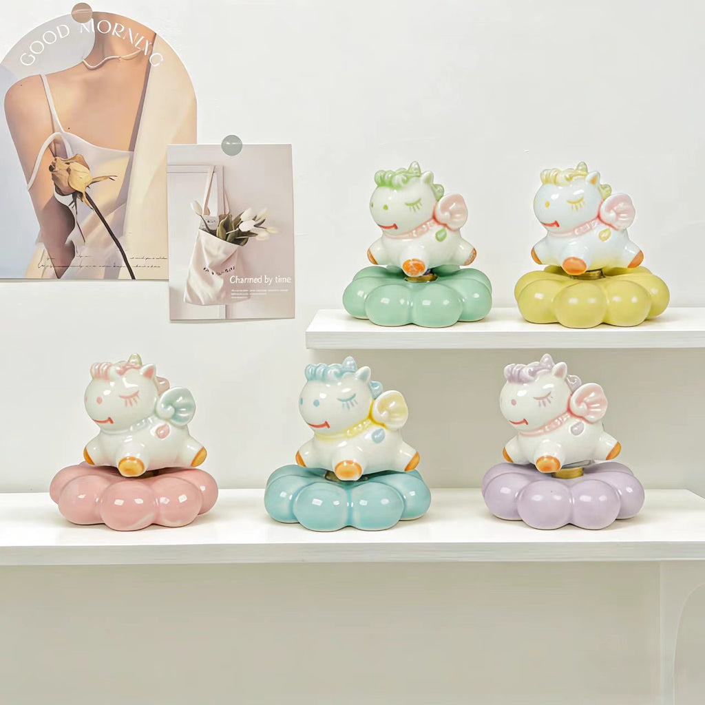 Kawaii Ceramic Unicorn Figurine on Rotating Pumpkin Cloud Base — 5 Pastel Colours