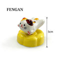 Jingdezhen Hand-Painted Ceramic Cat Figurine on Rotating Flower Base — Calico & Blue Tabby, 2 Styles
