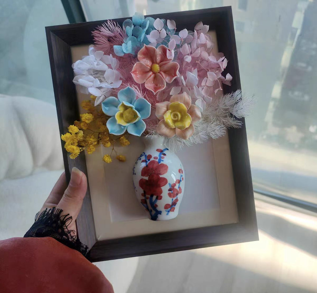 Jingdezhen 3D Ceramic Flower Shadow Box — Porcelain Vase & Mixed Floral Wall Art, 3 Styles