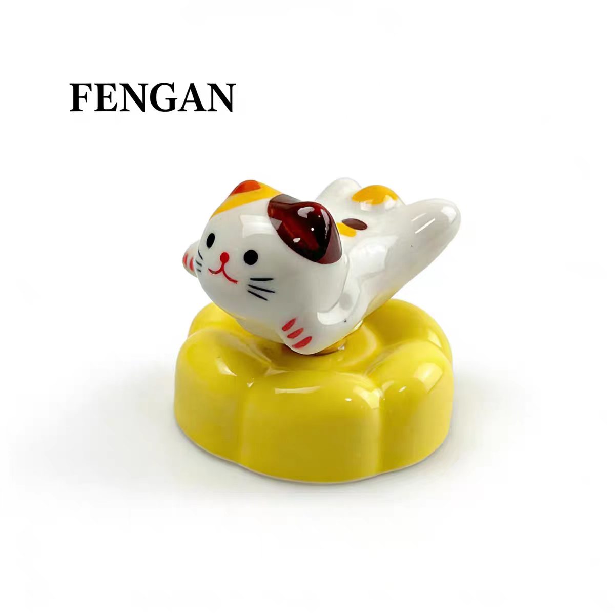 Jingdezhen Hand-Painted Ceramic Cat Figurine on Rotating Flower Base — Calico & Blue Tabby, 2 Styles