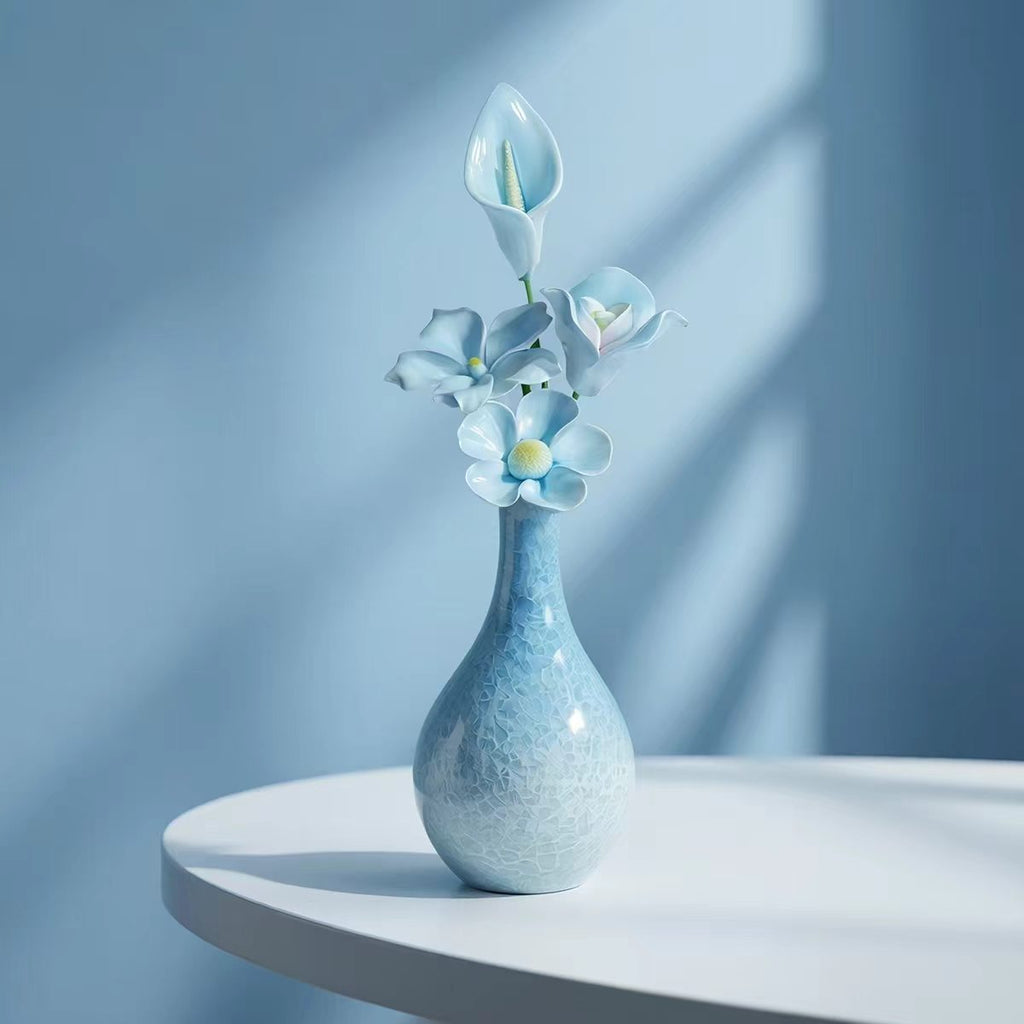 Jingdezhen Ceramic Cool-Tone Flower Bouquet — Crackle Glaze Teardrop Bud Vase Decor