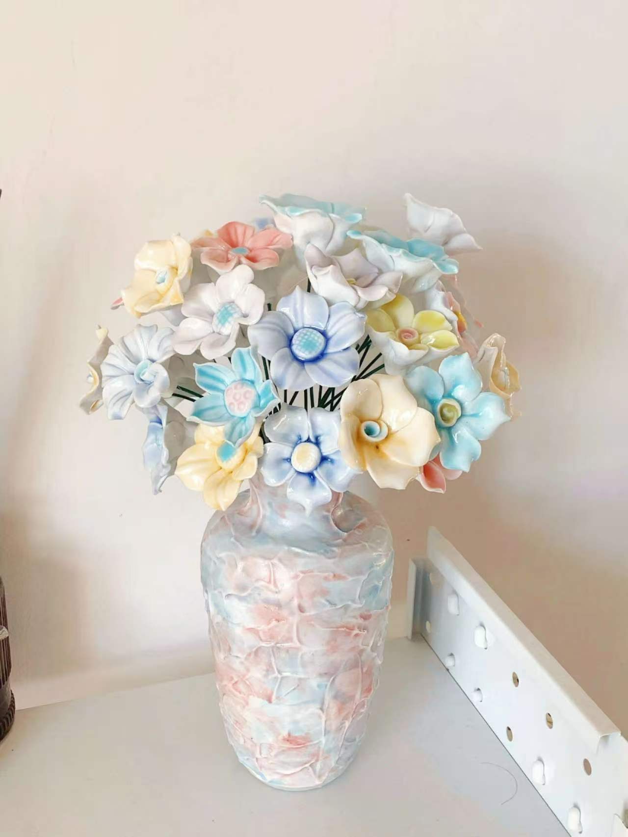 Jingdezhen Large Handcrafted Ceramic Vase with Full Pastel Porcelain Flower Bouquet