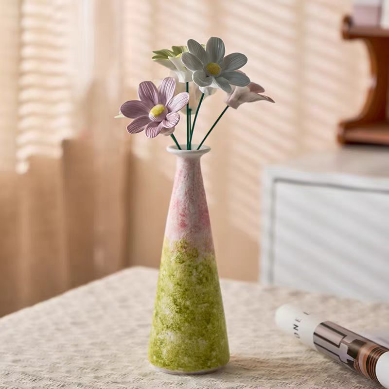 Jingdezhen Ceramic Pastel Cosmos Bouquet — Moss Green Gradient Textured Cone Vase