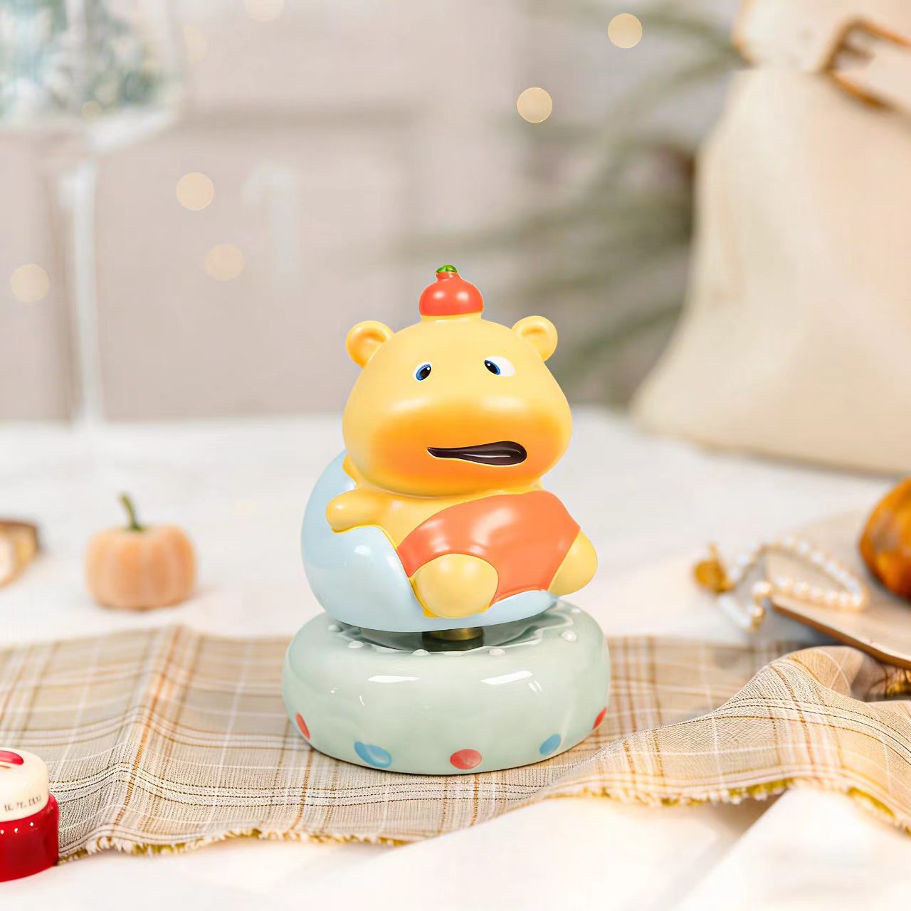 Kawaii Chubby Hippo Figurine on Rotating Donut Base — Angry, Crying, Swimming & Scooter, 4 Styles