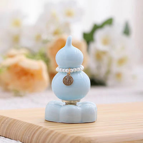 Chinese Lucky Gourd Fu Charm Figurine on Rotating Cloud Base — Pearl Necklace & Gold Fu Pendant, 7 Colours