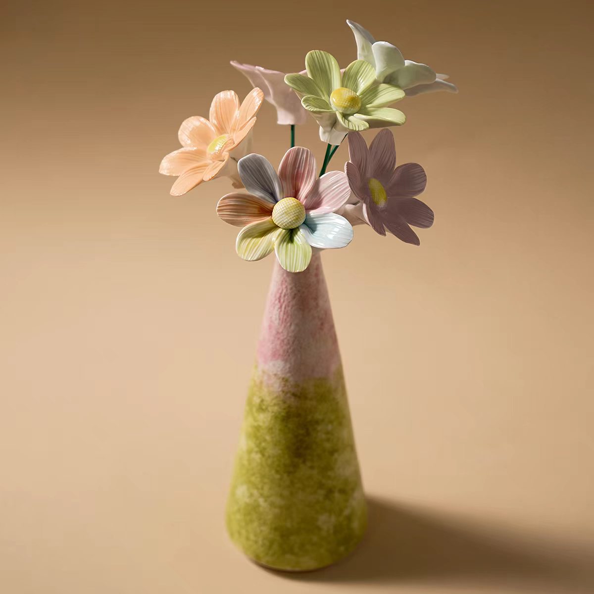Jingdezhen Ceramic Pastel Cosmos Bouquet — Moss Green Gradient Textured Cone Vase