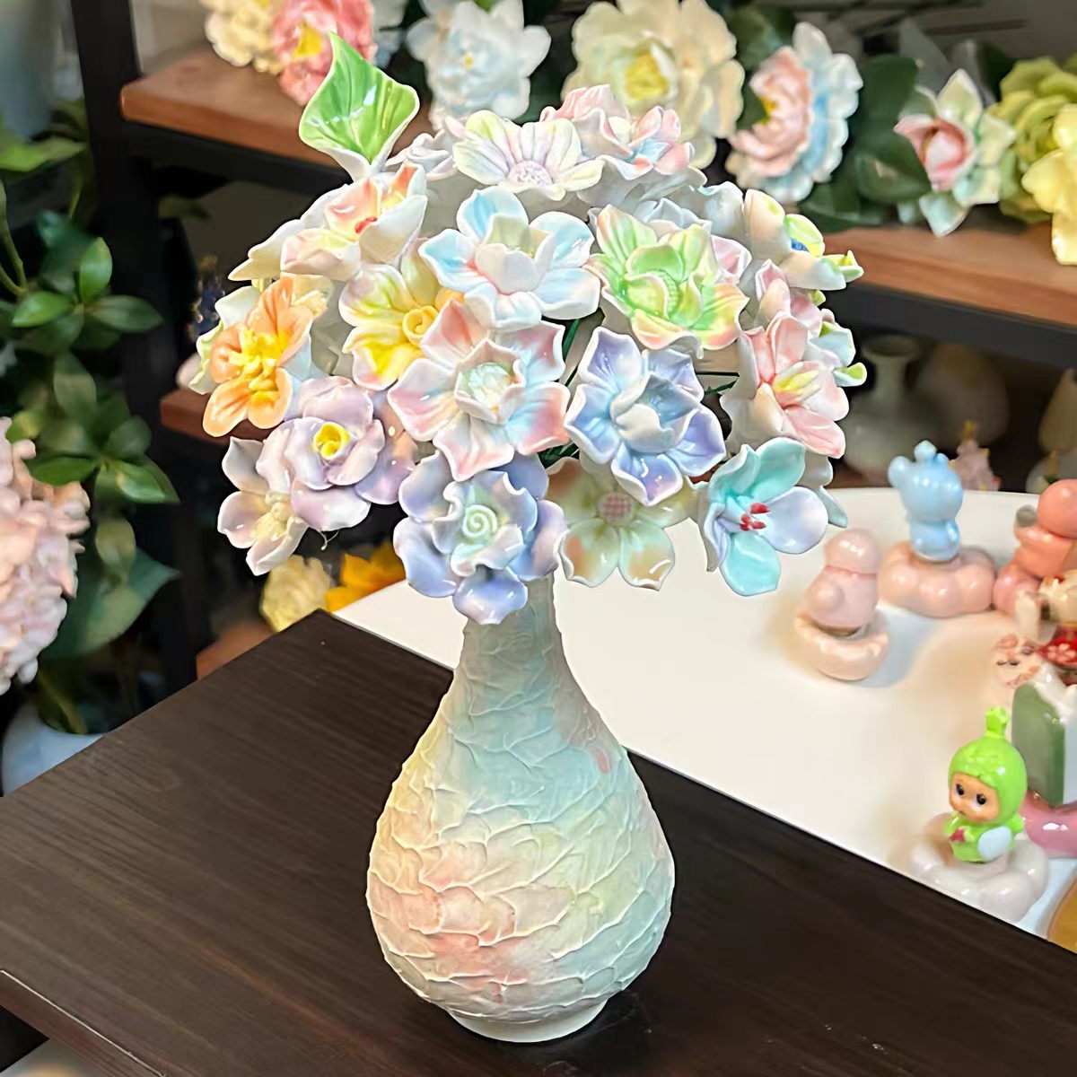 Jingdezhen Ceramic Rainbow Gradient Bouquet — Ice Blue Crackle Gourd Vase