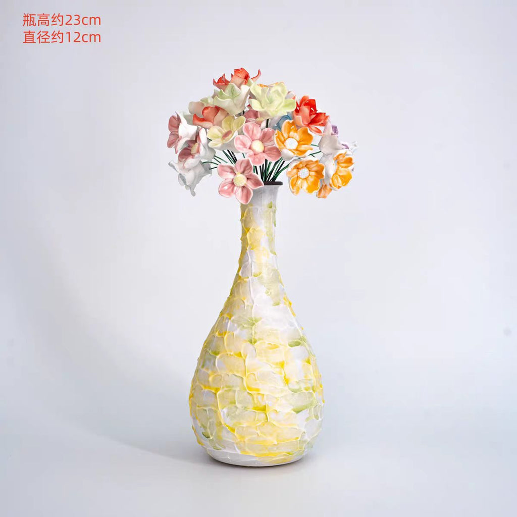 Jingdezhen Ceramic Petal-Relief Watercolour Vase with Mixed Flower Bouquet — 3 Sizes