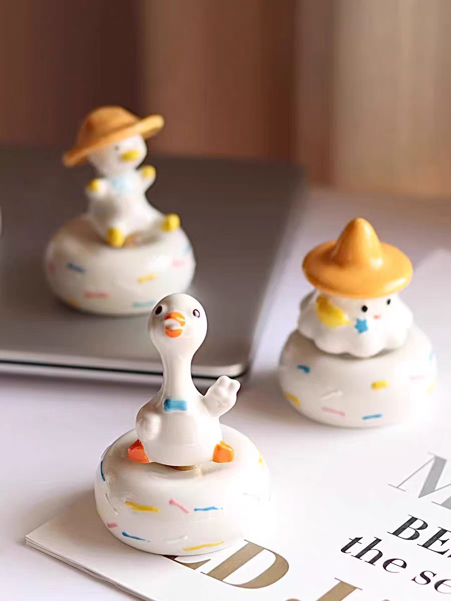 Kawaii Ceramic Duck & Chick Figurine on Rotating Sprinkle Donut Base — Long-Neck Duck, Straw Hat Duck & Cloud Hat Chick, 3 Characters