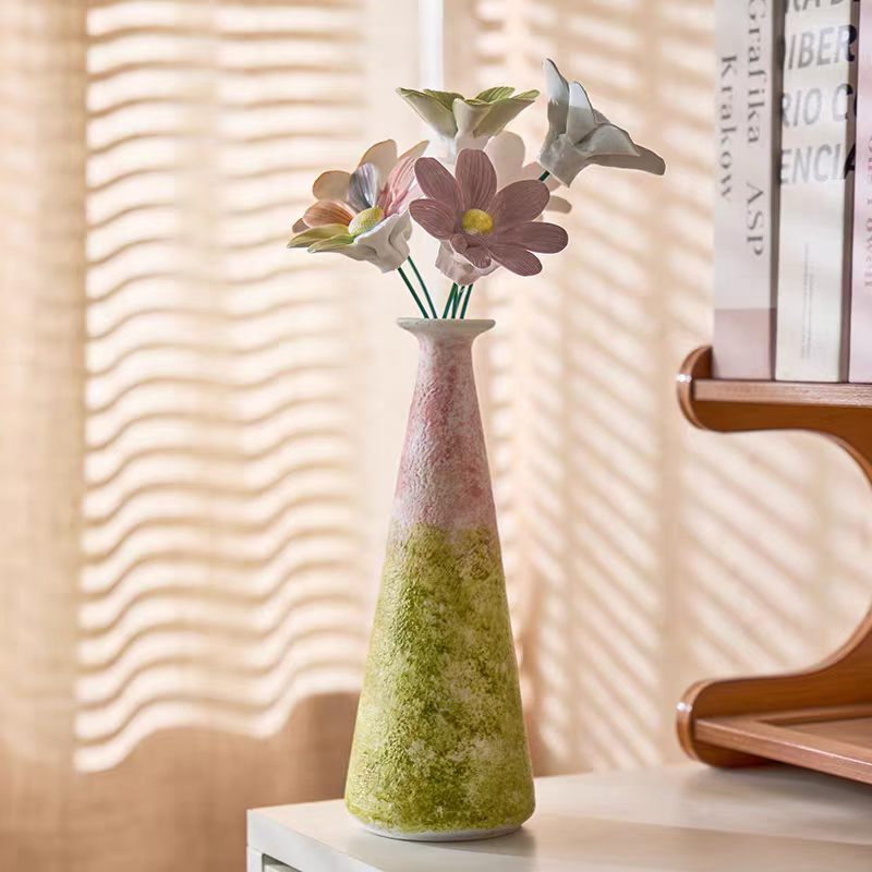 Jingdezhen Ceramic Pastel Cosmos Bouquet — Moss Green Gradient Textured Cone Vase
