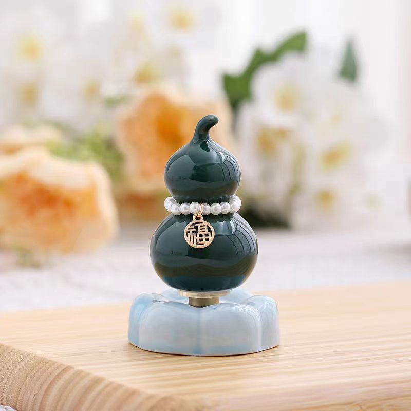 Chinese Lucky Gourd Fu Charm Figurine on Rotating Cloud Base — Pearl Necklace & Gold Fu Pendant, 7 Colours