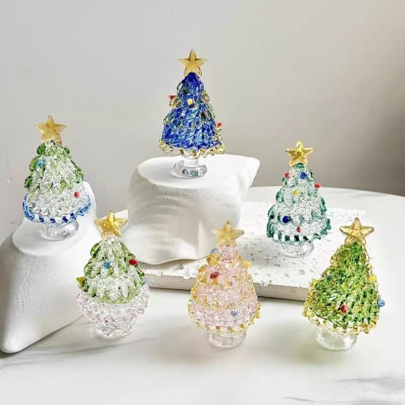 Crystal Glass Christmas Tree Figurine — Solid Cast, 6 Colours, Gold Star Topper, Desk & Shelf Decor