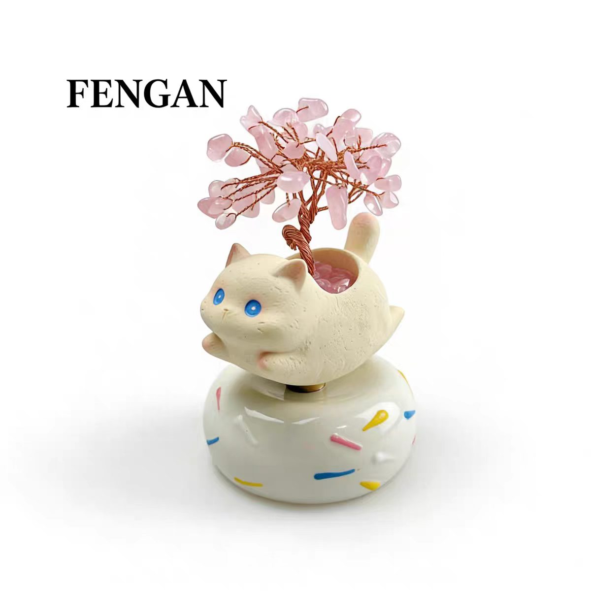 Cute Cat Crystal Money Tree Figurine on Rotating Donut Base — Rose Quartz & Citrine, 2 Styles