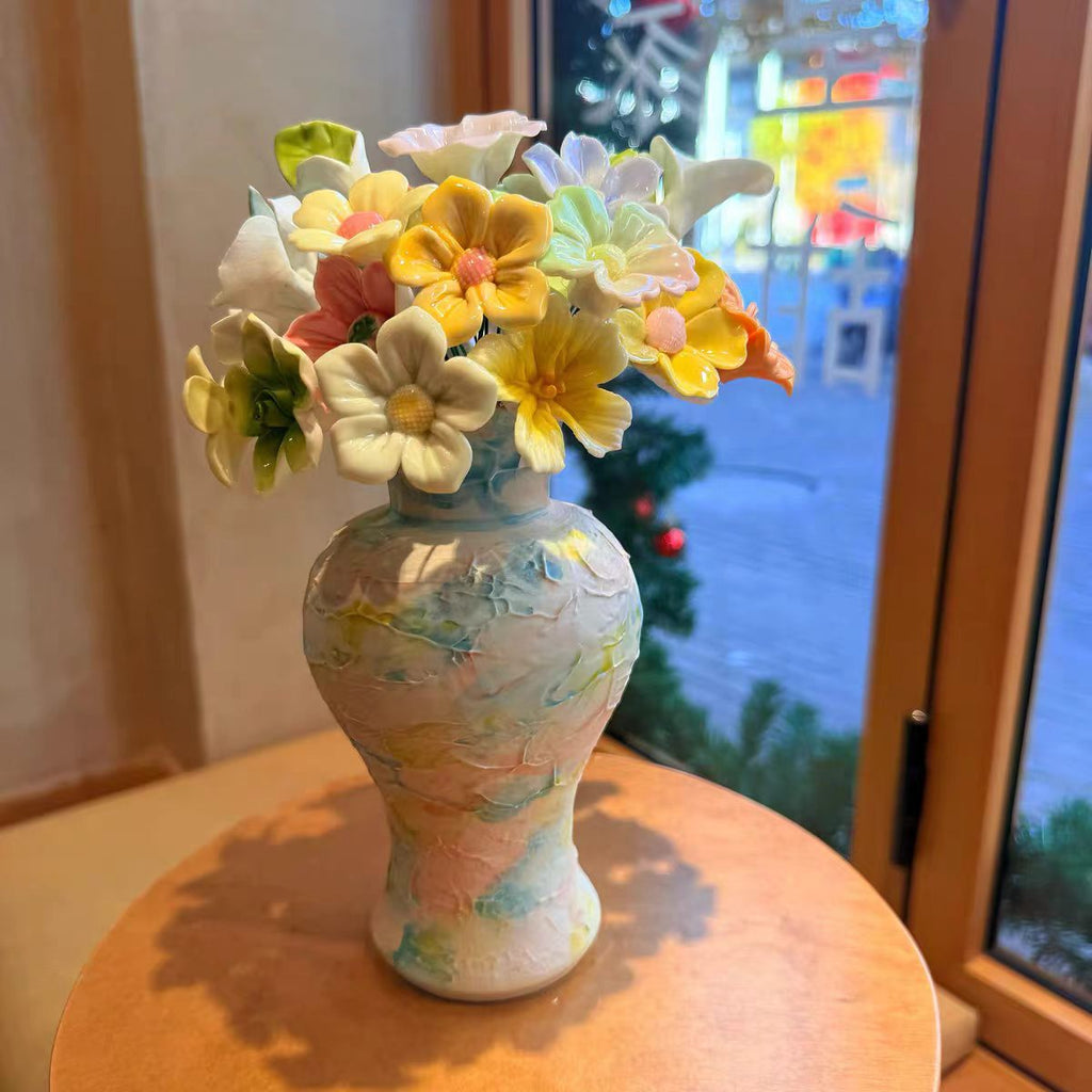 Jingdezhen Ceramic Café Window Bouquet — Petal-Relief & Mosaic Glaze Vase Collection