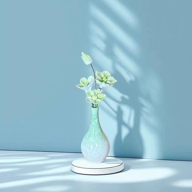 Jingdezhen Ceramic Cool-Tone Flower Bouquet — Crackle Glaze Teardrop Bud Vase Decor