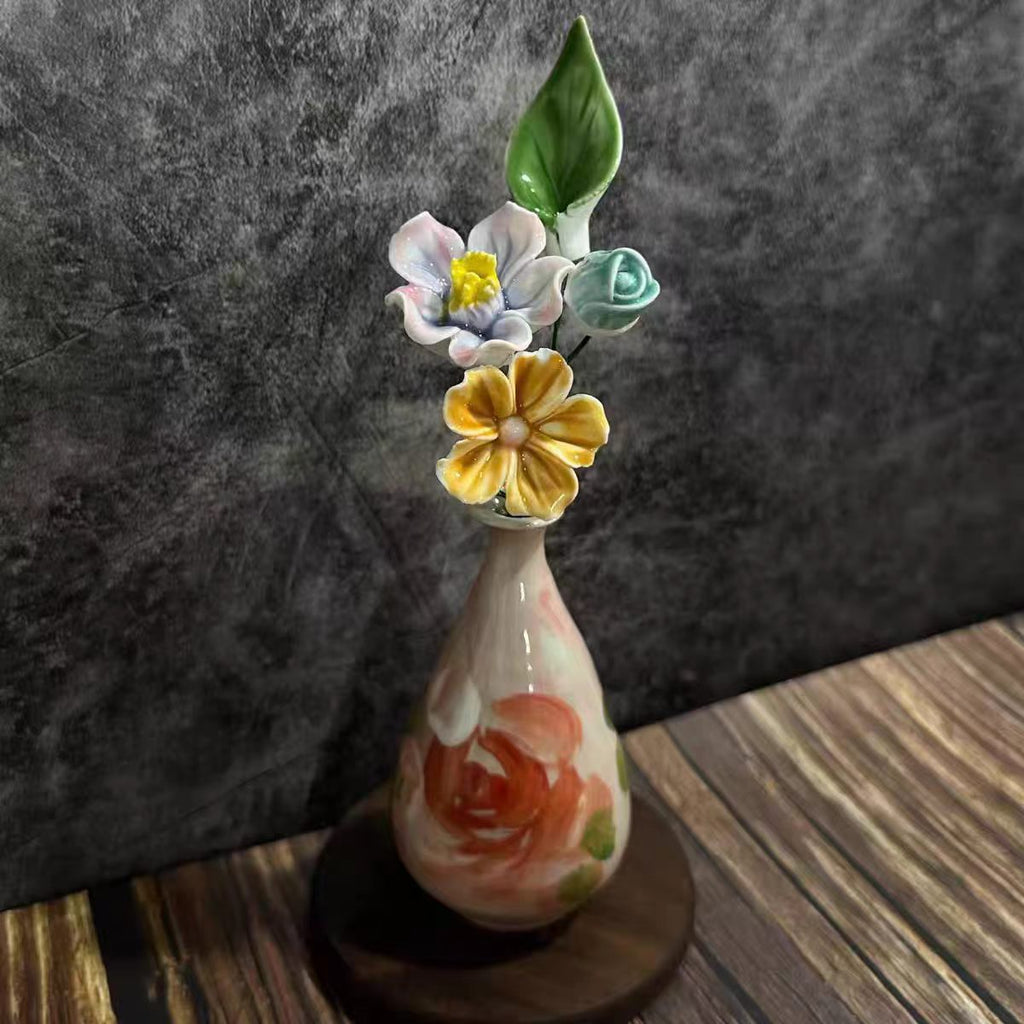 Jingdezhen Miniature Hand-Painted Vase with Ceramic Flower Arrangement — Wooden Base, 7 Styles