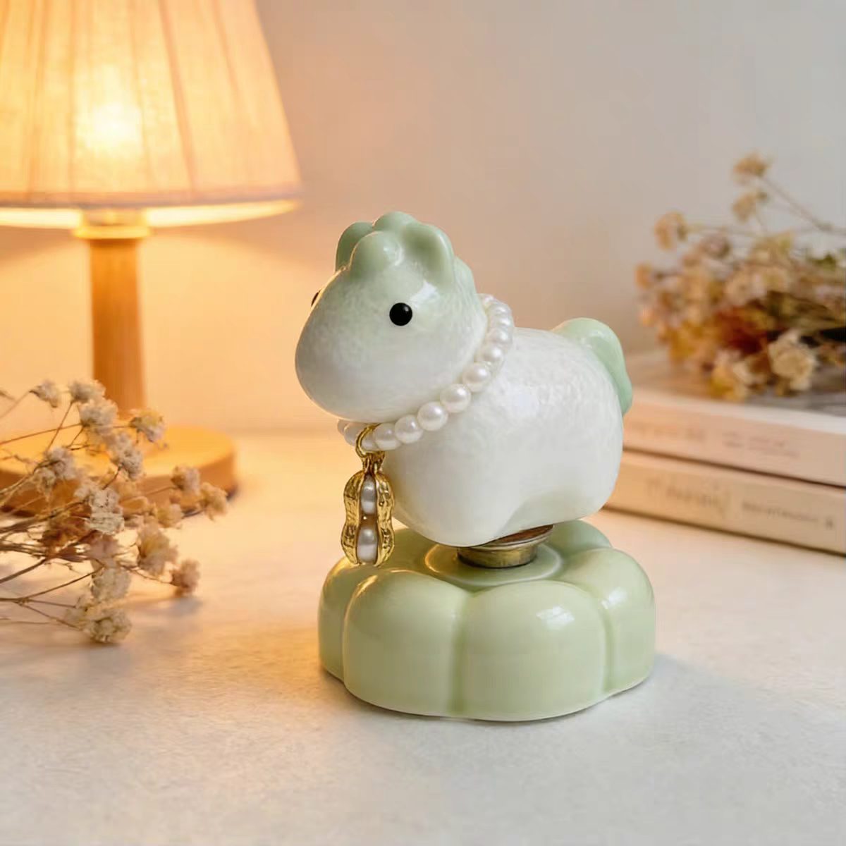 Jingdezhen Chubby Lucky Horse Spinning Figurine — Gold Ingot Saddle & Pearl Necklace Cloud Base Collection
