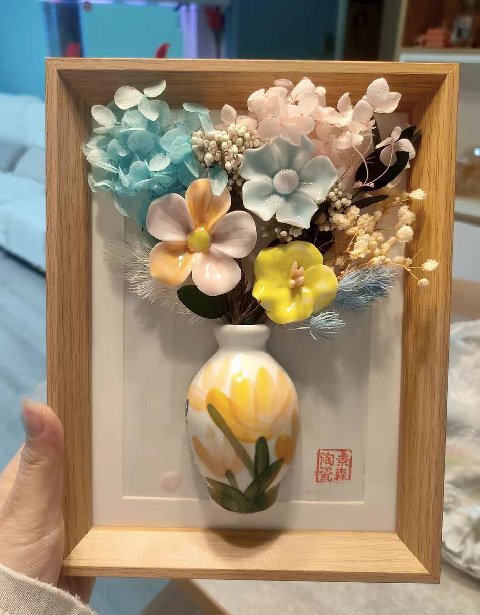 Jingdezhen 3D Ceramic Flower Shadow Box — Porcelain Vase & Mixed Floral Wall Art, 3 Styles