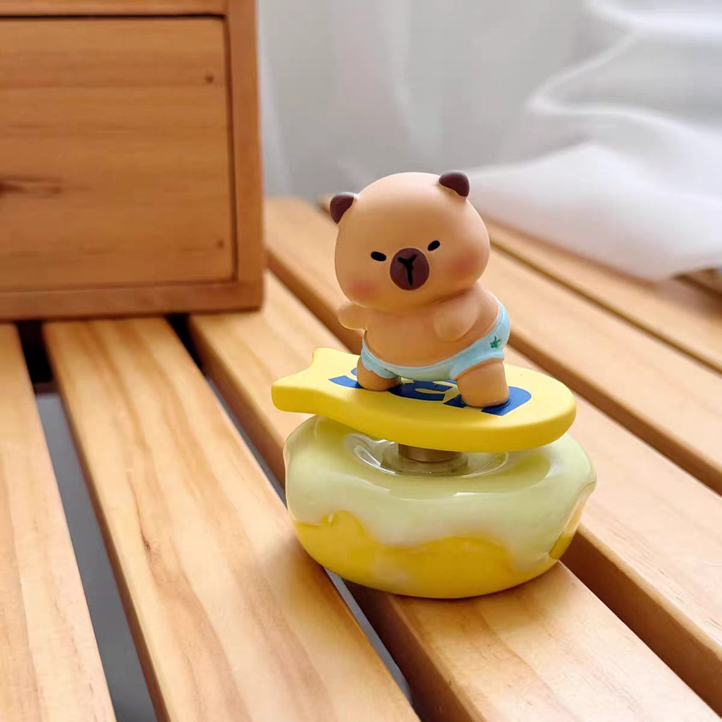 Kawaii Surfing Bear Figurine on Rotating Donut Base — Yellow Star Surfboard & Cream Donut Base