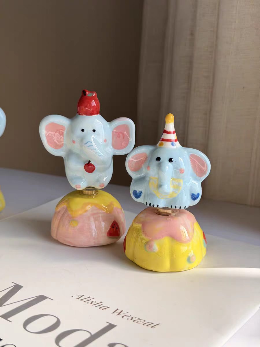Kawaii Ceramic Circus Elephant Figurine on Rotating Pumpkin Base — 2 Styles, Hand-Painted