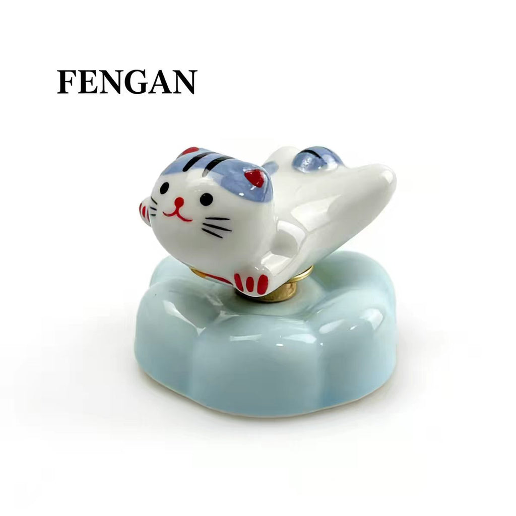 Jingdezhen Hand-Painted Ceramic Cat Figurine on Rotating Flower Base — Calico & Blue Tabby, 2 Styles