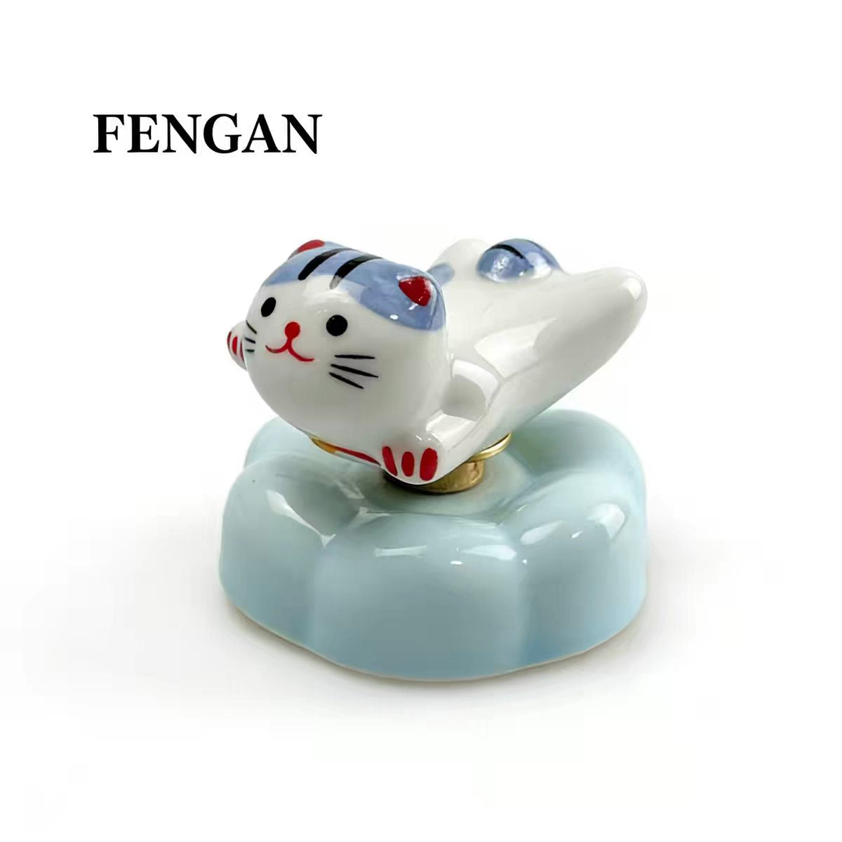 Jingdezhen Hand-Painted Ceramic Cat Figurine on Rotating Flower Base — Calico & Blue Tabby, 2 Styles