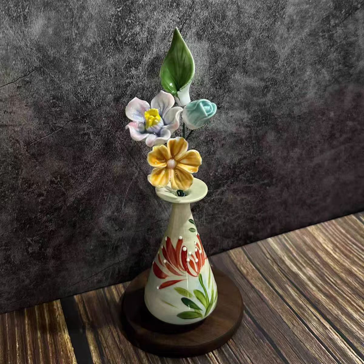 Jingdezhen Miniature Hand-Painted Vase with Ceramic Flower Arrangement — Wooden Base, 7 Styles
