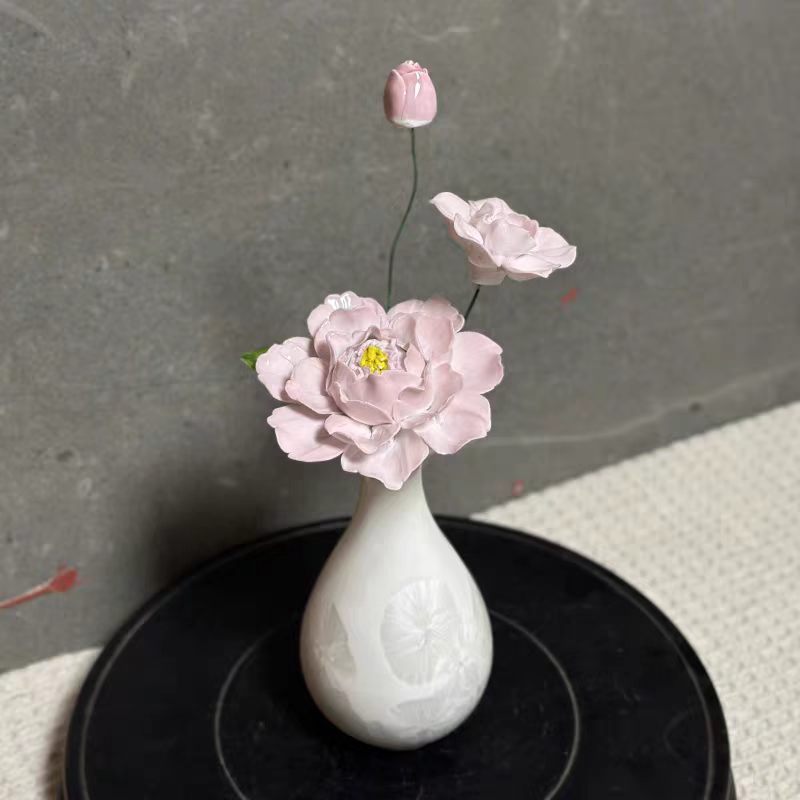 Jingdezhen Ceramic Peony Trio — Crackle & Matte Teardrop Vase, 3 Colorways