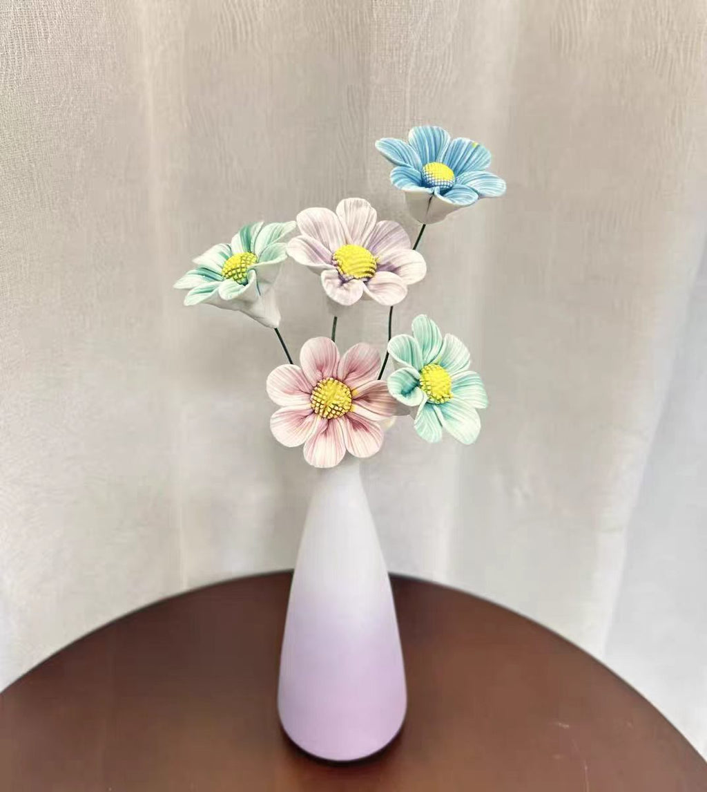 Jingdezhen Ceramic Cosmos & Rose Bouquet — Gradient Matte Cone & Round Belly Vase Collection