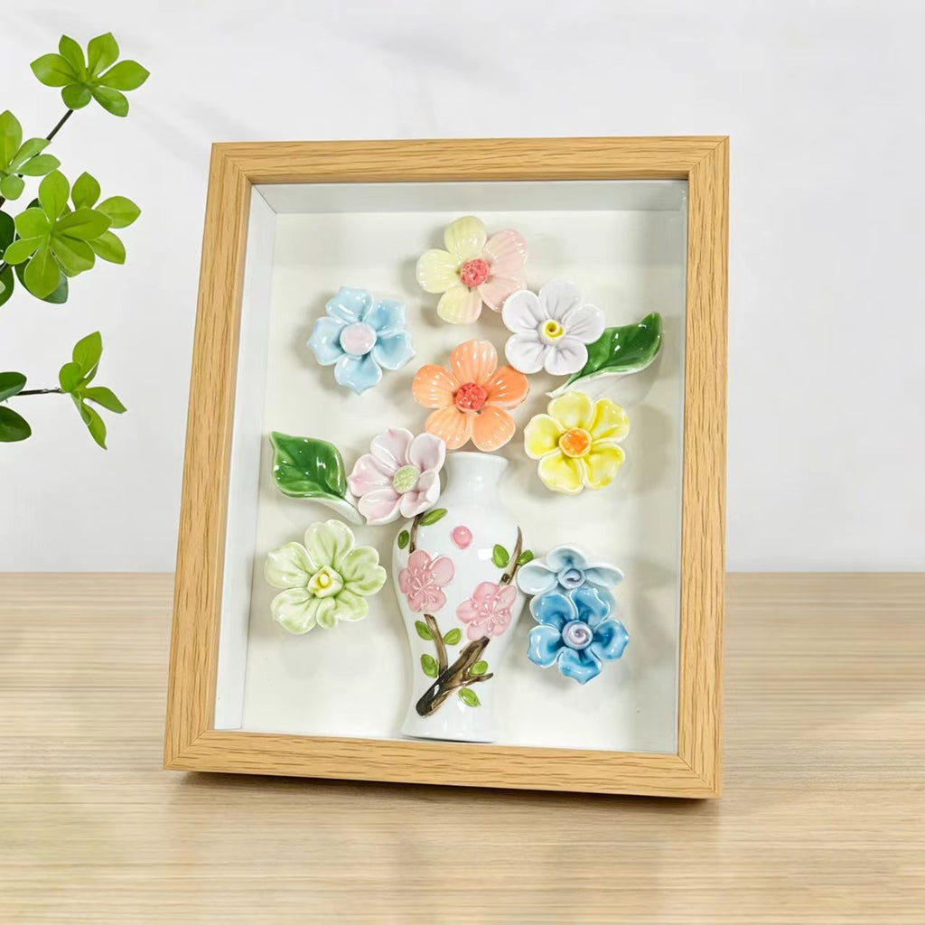 Jingdezhen 3D Ceramic Flower Shadow Box — Scattered Blooms Wall Art, Natural Oak Frame, 4 Colorways