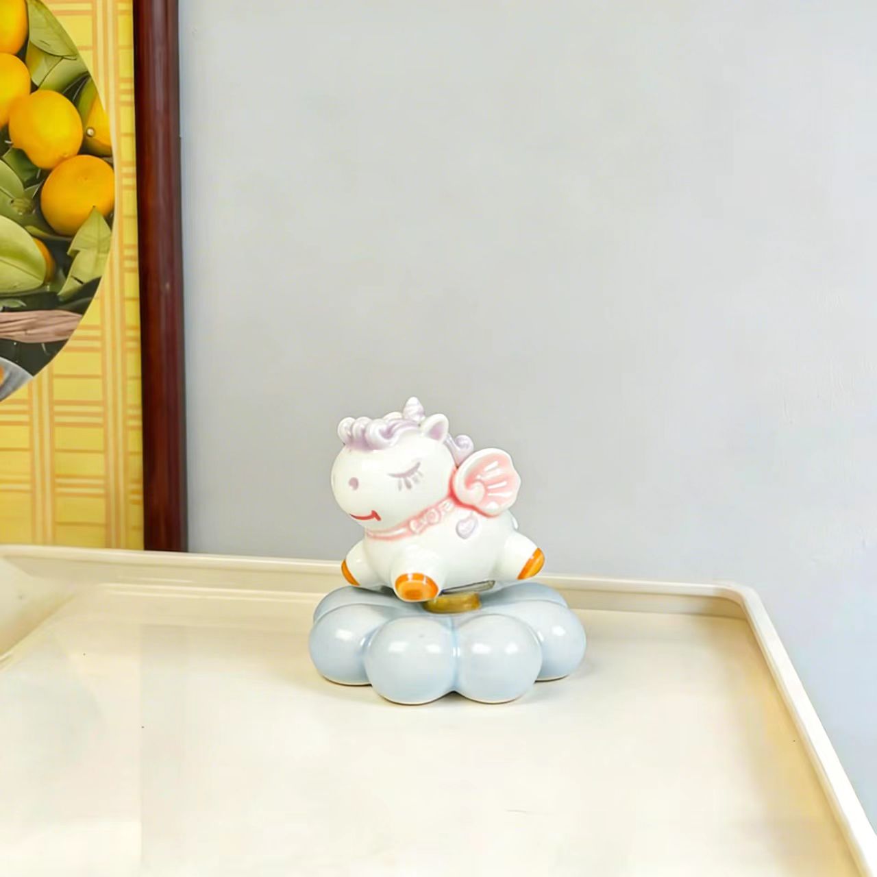 Kawaii Ceramic Unicorn Figurine on Rotating Bubble Cloud Base — Yellow, Pink & Blue, 3 Colours