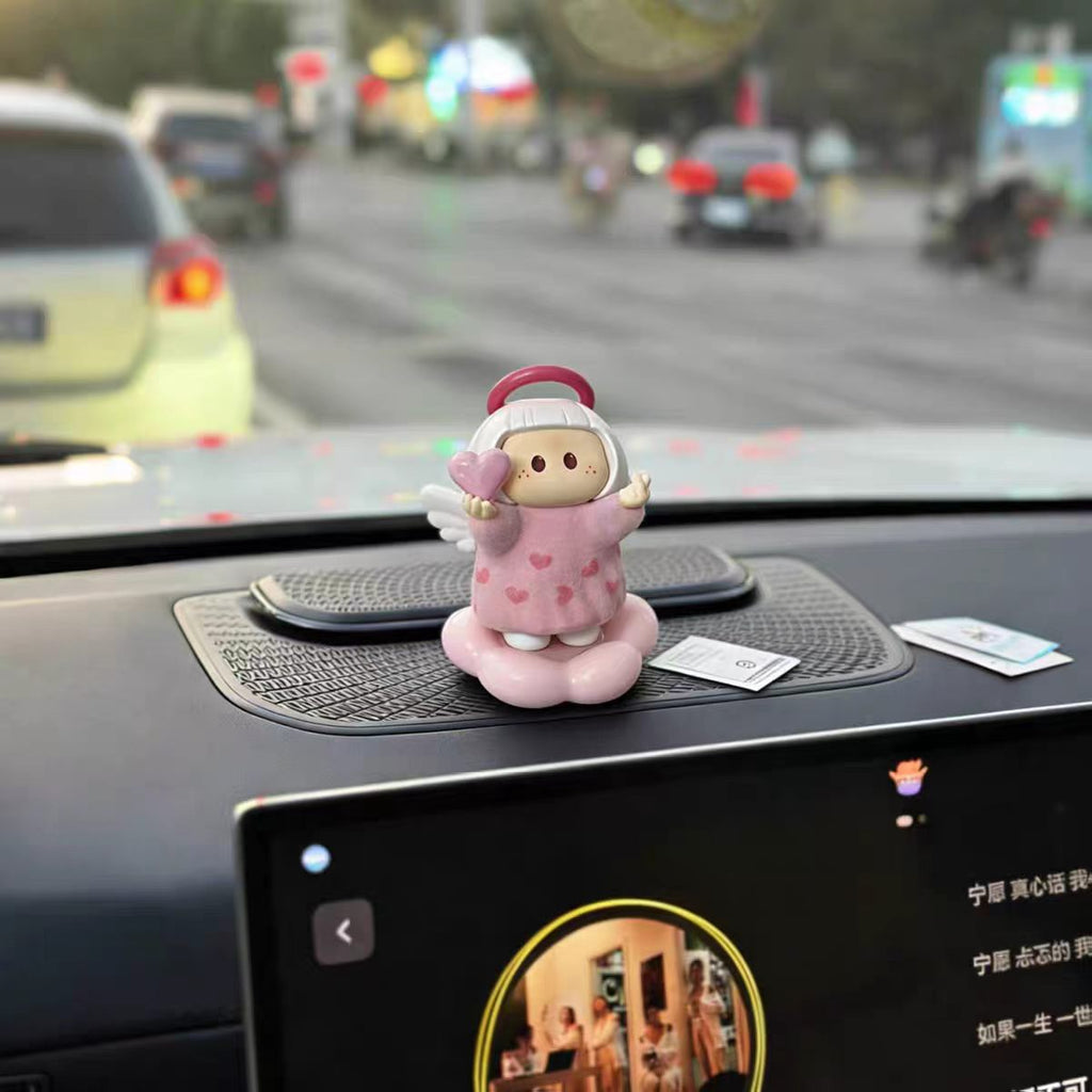 Kawaii Angel Girl Figurine on Pink Bubble Cloud Base — Heart Dress, Car Dashboard & Desk Decor