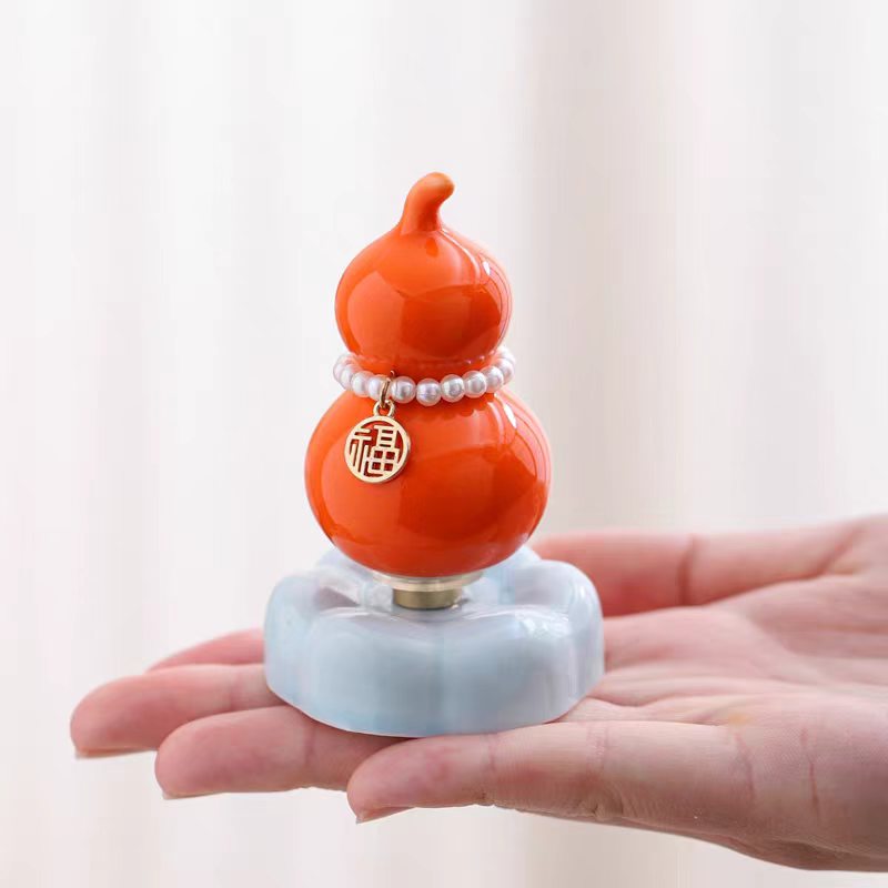 Chinese Lucky Gourd Fu Charm Figurine on Rotating Cloud Base — Pearl Necklace & Gold Fu Pendant, 7 Colours