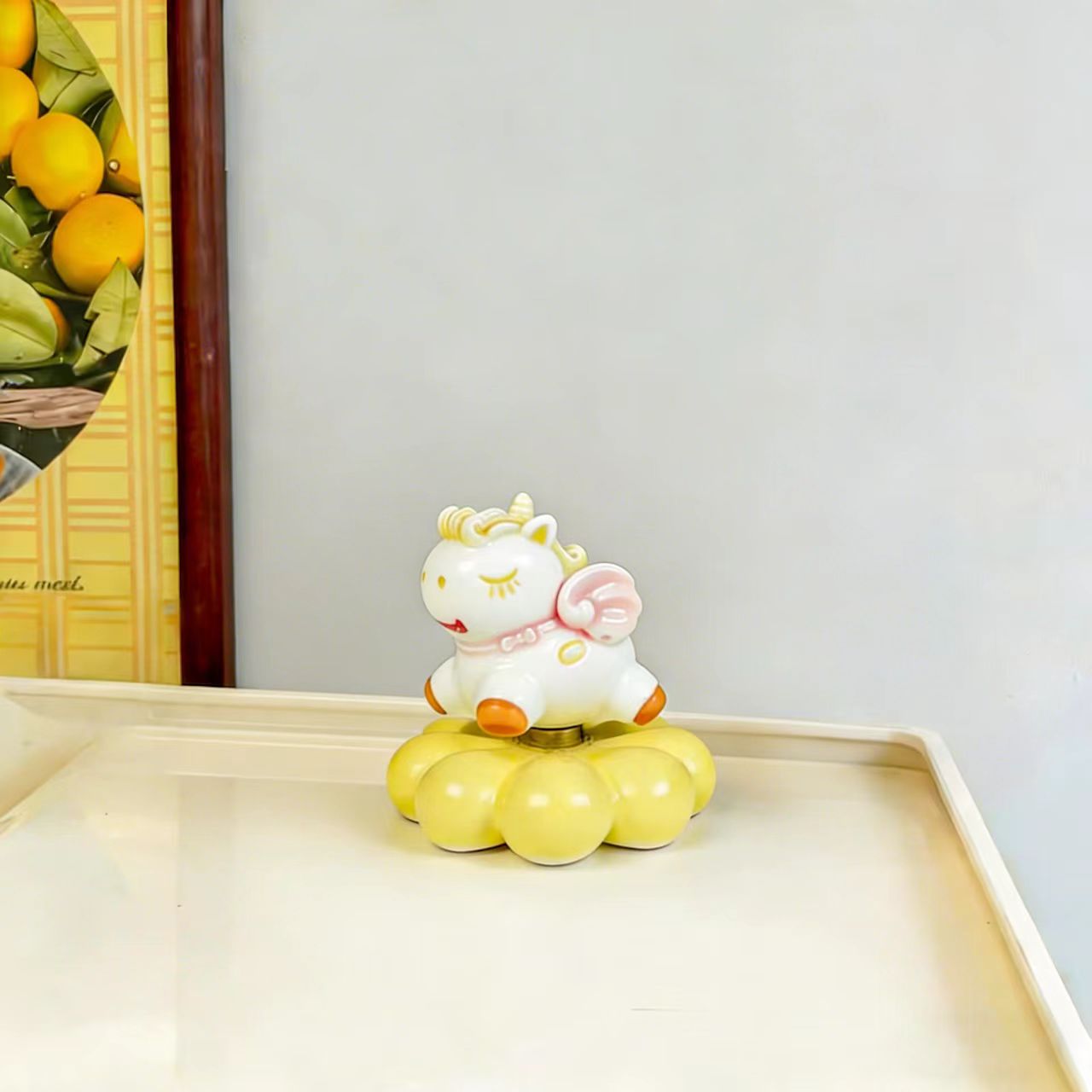 Kawaii Ceramic Unicorn Figurine on Rotating Bubble Cloud Base — Yellow, Pink & Blue, 3 Colours